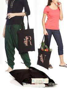 女士购物袋帆布袋手提袋可重复使用杂货手提袋储物袋玫瑰金字母姓名首字母图案旅行单肩包大容量学生手提包大容量帆布手提单肩包杂货袋书包，返校背包，大容量，轻便，便携，适合少女女大学生，非常适合返校、大学、初中、高中、工作、商务、通勤