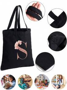 女士购物袋帆布袋手提袋可重复使用杂货手提袋储物袋玫瑰金字母姓名首字母图案旅行单肩包大容量学生手提包大容量帆布手提单肩包杂货袋书包，返校背包，大容量，轻便，便携，适合少女女大学生，非常适合返校、大学、初中、高中、工作、商务、通勤