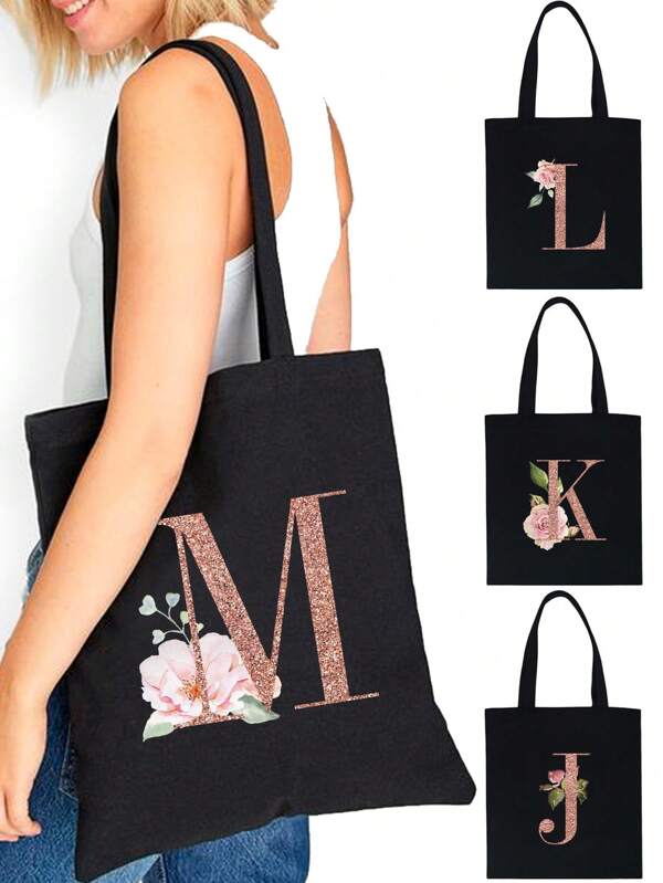 Women Shopping Bag Canvas Bags Tote Bags Reusable Grocery Handbags Storage Bag Rose Gold Letter Name Initials Pattern Travel Shoulder Bags Large Capacity Student Tote Handbag Large Capacity Canvas Tote Shoulder Bag Grocery Bag School Bag,Back To School Backpack,Large Capacity,Lightweight,Portable, Suitable For Teen Girls Women College Students, Perfect For Back To School,College,Middle School, High School,Work , Business, Commute