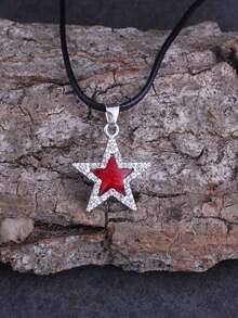 復古街頭風格時尚百搭鑽石裝飾幸運星吊墜黑繩項鍊y2k/ins項鍊 - 紅色 - 查看 3