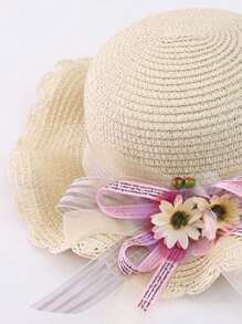 1套女孩可愛公主草帽,花卉布帶,斜背包,遮陽帽,適用於公主外出或日常使用 - 米色 - 查看 4