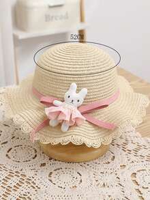 1set New Arrival Little Girls' Princess Style Straw Hat With Bunny Decoration & Sun Protection, Perfect For Daily Wear And Beach Trip - Beige - View 3