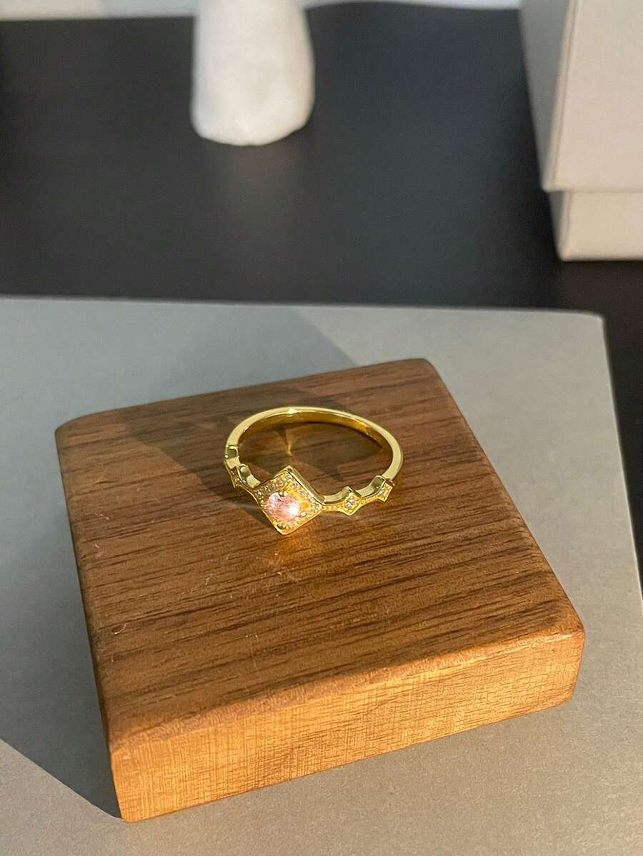 鍍金s925純銀方戒指,作為結婚週年紀念禮物十分適合女性 - 黃金色 - 查看 1