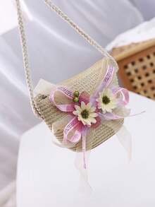 1套女孩可愛公主草帽,花卉布帶,斜背包,遮陽帽,適用於公主外出或日常使用 - 米色 - 查看 5