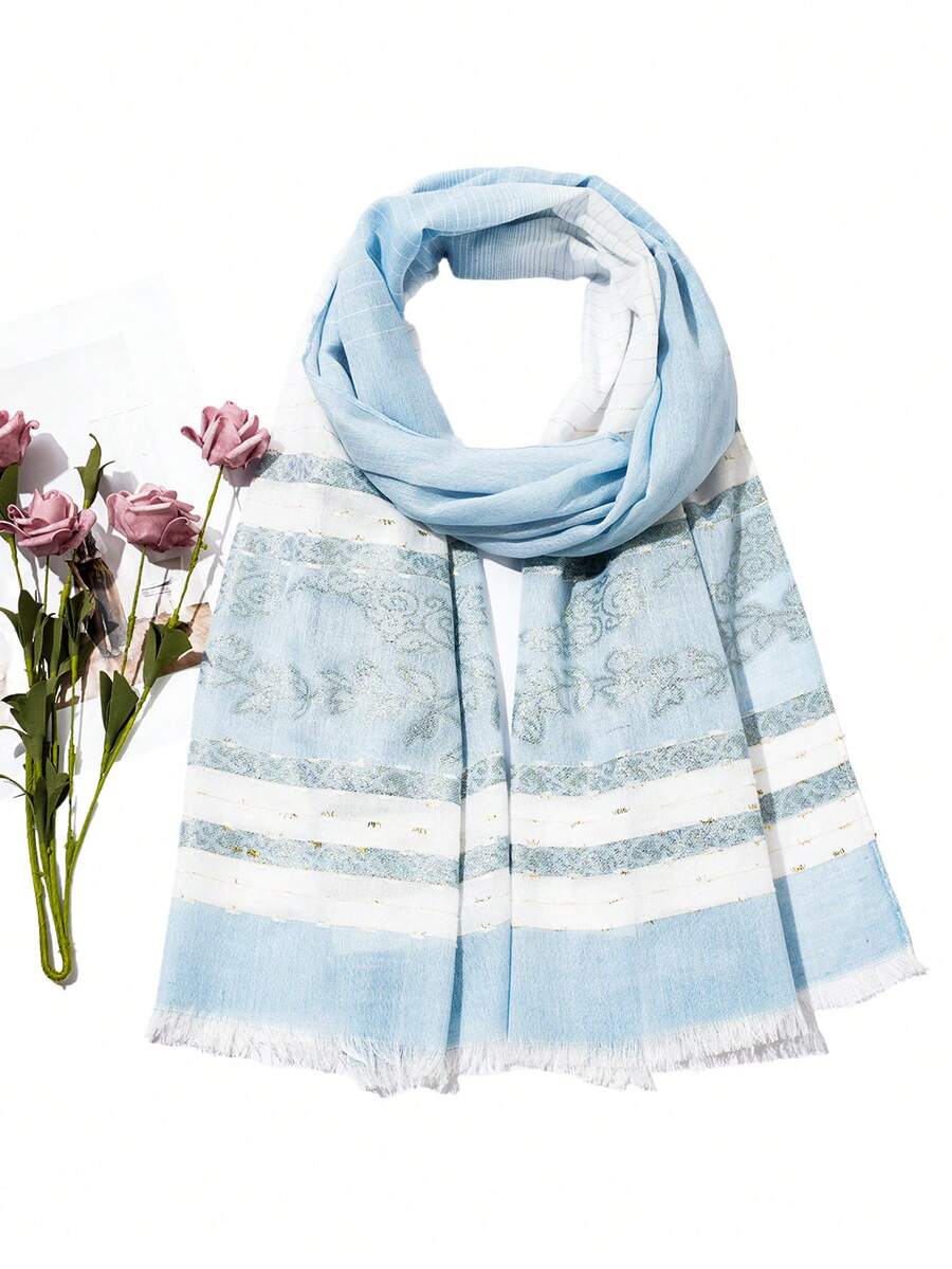 1入組女性流行金線條紋漸層羊絨大披肩,可當頭巾、披肩,適合春夏日常裝飾