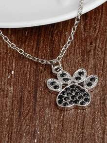 時尚可愛的寵物爪印鑽石吊墜項鍊,適合女性 - 復古銀色 - 查看 2