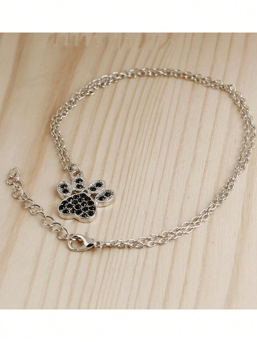 時尚可愛的寵物爪印鑽石吊墜項鍊,適合女性 - 復古銀色 - 查看 1