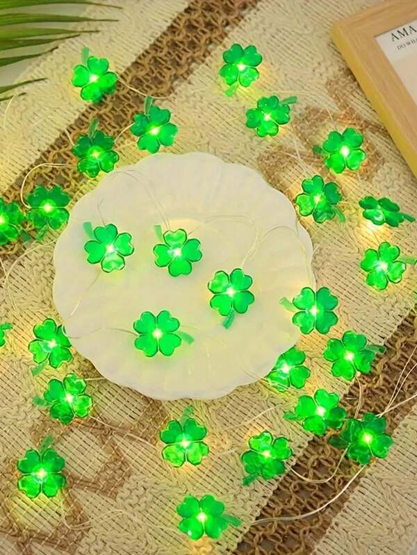 1pc Led Shamrock Shaped Copper Wire String Light, St. Patrick's Day, Realistic Clover Petals Party Decoration, 2m/20 Lights
