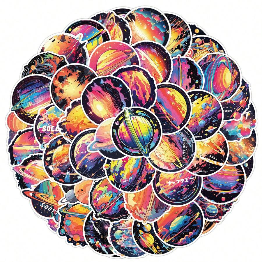 50入組彩色星球防水塗鴉貼紙,適用於筆記型電腦手機吉他滑板板球帽滑雪板行李箱冰箱門窗裝飾 - 彩色 - 查看 1
