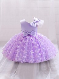 Baby Girl Sleeveless Butterfly Applique Tulle Puff Dress, Suitable For Wedding Flower Girl, Does Not Include Headband