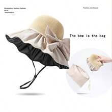 1入女士寬邊太陽帽，帶有蝴蝶結和收納功能，夏季戶外活動遮陽帽 - 彩色 - 查看 2