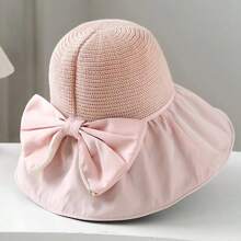 1入女士寬邊太陽帽，帶有蝴蝶結和收納功能，夏季戶外活動遮陽帽 - 彩色 - 查看 9