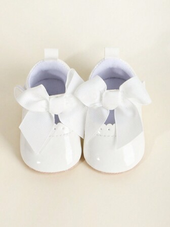 1pair Infant Girls' Solid Color Bow Knot Pu Hook And Loop Shoes, For 0-18 Months Infant, Soft Antiskid Soles Princess Style Spring And Autumn