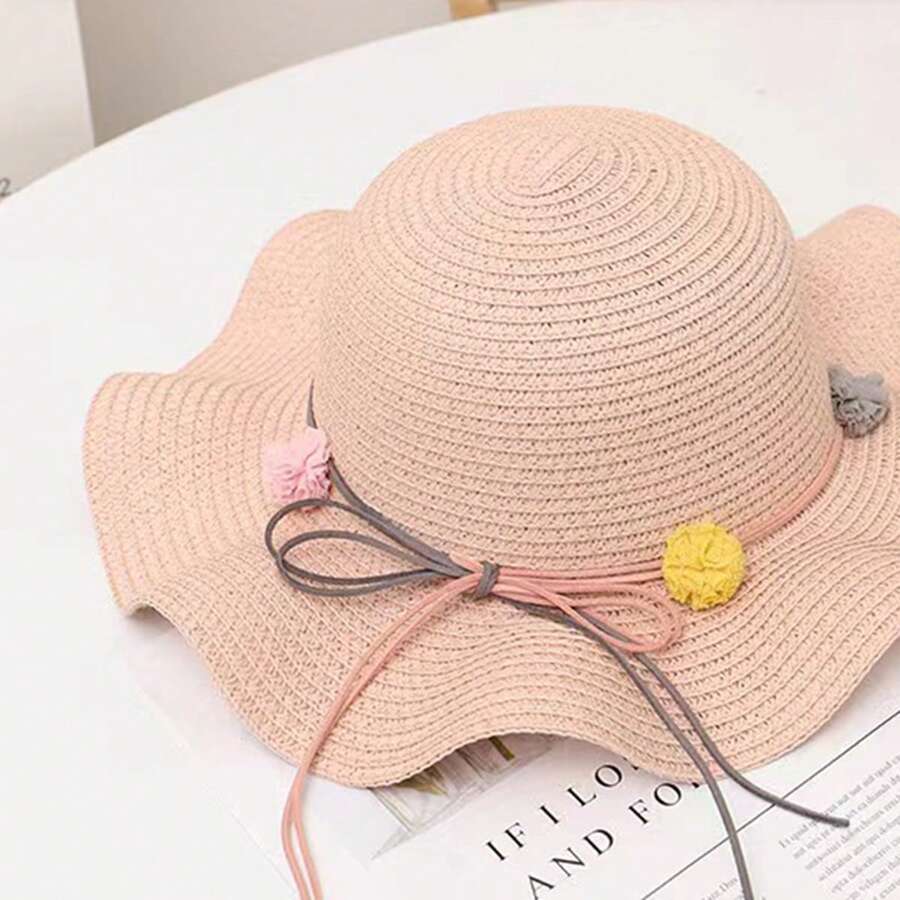 New Arrival Girls' Cute Princess Style Straw Hat With Colorful Balls, Sun Protection Hat, Suitable For Daily And Beach Trip - Pink - View 1