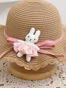 New Girl's Cute Princess Straw Hat With Rabbit Doll Sunscreen & Beach Cap For Travel & Daily Wear - Brown - View 3