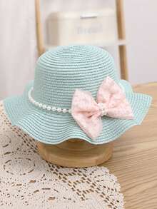 Girls' Princess Style Straw Hat Set, Including Pink Pearl Decor Bowknot Sunhat And Bag, Suitable For Daily Wear/Outdoor Beach Play - Green - View 3