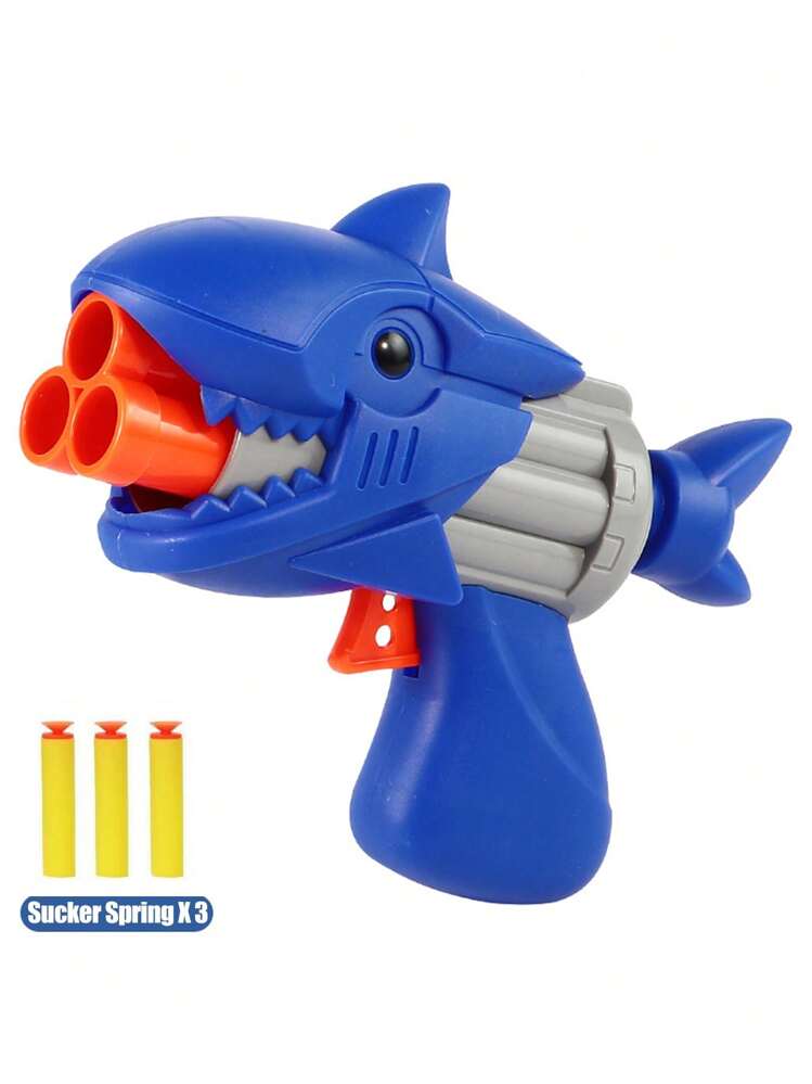Mini Metralhadora De Desenho Animado Com Três Buracos Com 3pcs De Balas De Espuma, Versão Q De Desenho De Dinossauro E Tubarão, Brinquedo De Arma De Projétil De Espuma Segura Eva - Tubarão Azul - Visão 1