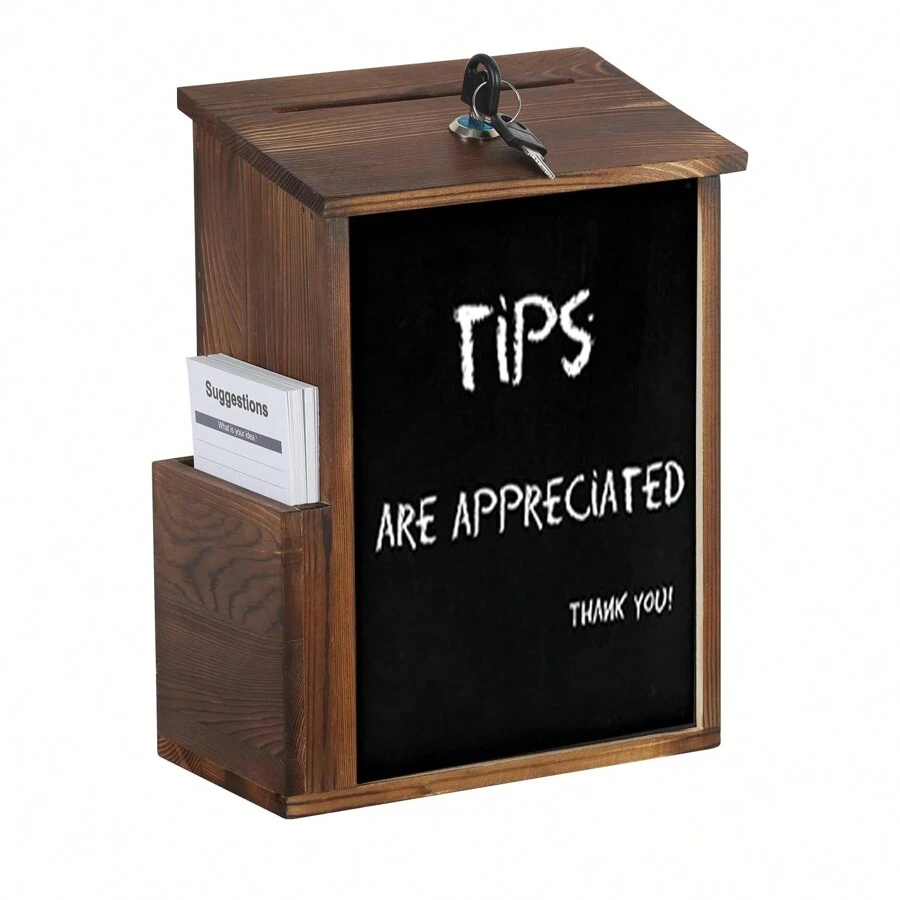UNHO Lockable Suggestion Box Wooden Charity Donation Boxes Wall Mounted Comment Ballot Box With Secure Lock Card Holder And Writing Blackboard