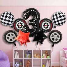 9入組熱血賽車生日裝飾氣球,黑白方格輪胎氣球,數字3、4、5生日派對裝飾用品,賽車主題派對裝飾氣球 - 黑與白 - 查看 1