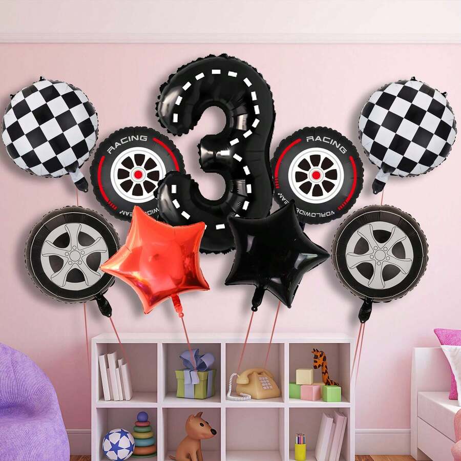 9入組熱血賽車生日裝飾氣球,黑白方格輪胎氣球,數字3、4、5生日派對裝飾用品,賽車主題派對裝飾氣球 - 黑與白 - 查看 1