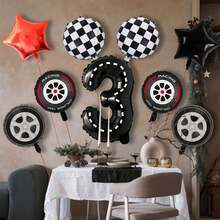 9入組熱血賽車生日裝飾氣球,黑白方格輪胎氣球,數字3、4、5生日派對裝飾用品,賽車主題派對裝飾氣球 - 黑與白 - 查看 3