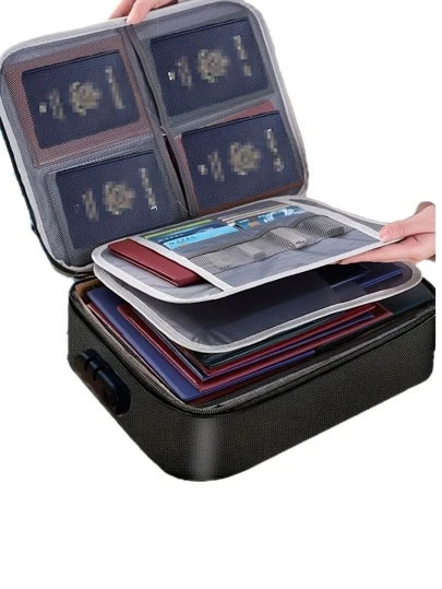 1 حقيبة وثائق قابلة للقفل، صندوق تخزين ملفات متعدد الطبقات مع سحاب مقاوم للماء، حقيبة تخزين محمولة للسفر، منظم منزلي للكمبيوتر المحمول والوثائق والشهادات (رمادي)، للعودة إلى المدرسة