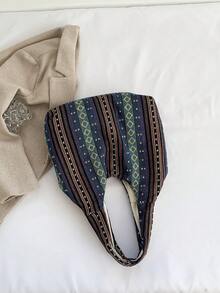 1pc Blue Geometric Pattern Fabric Open Top Shoulder Bag, Portable And Suitable For Women's Daily Use - Blue - View 4