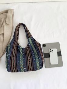 1pc Blue Geometric Pattern Fabric Open Top Shoulder Bag, Portable And Suitable For Women's Daily Use - Blue - View 3