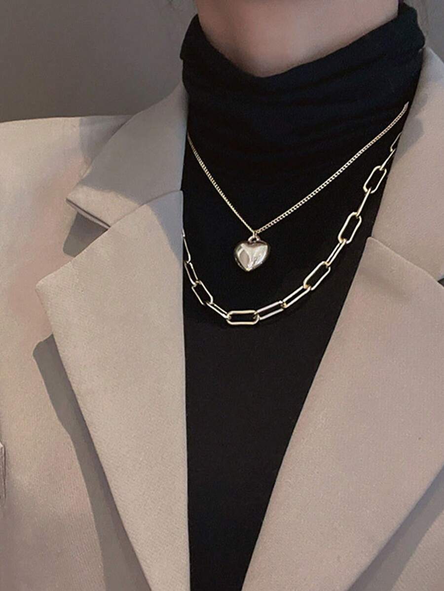 1pc Ins-Style Double Layered Heart Pendant Necklace, Suitable For Women's Everyday Commute Dressing - Gold - View 1