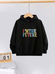 2pcs Cool Street Fashion Printed Hooded Sweatshirt And Leisure Sweatpants Outfit Set For Tween Boys, Fall & Winter - Black - View 5