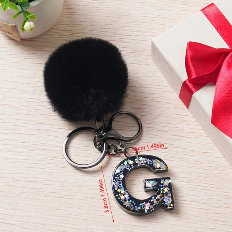 1 pieza Llavero con inicial de alfabeto, llavero de pompón de peluche lindo, llavero de resina con lentejuelas brillantes, colgante para bolsa, mochila, coche, accesorios para billetera y bolso, llavero con borlas, llavero de peluche con inicial de alfabeto A-Y - Negro - Añade 11