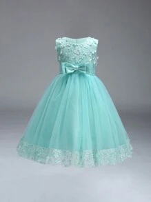 Sleeveless Solid Color Elegant Dress With 3D Flower & Bow Decor, Headband Not Included - 薄荷綠 - 查看 6