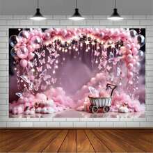 1 pieza de Decoración de Banner de fondo con mariposa rosa de 210*150/150*100CM, Arco de globos, Tela de fondo para fiesta de cumpleaños, decoración de bautizo de niña, telón de fondo para fotografía y selfie, Decoración navideña - Multicolor - Ver 2