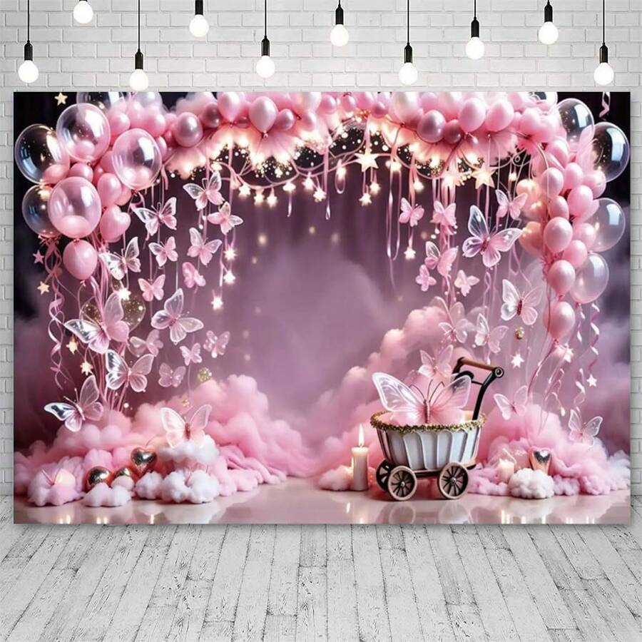 1 pieza de Decoración de Banner de fondo con mariposa rosa de 210*150/150*100CM, Arco de globos, Tela de fondo para fiesta de cumpleaños, decoración de bautizo de niña, telón de fondo para fotografía y selfie, Decoración navideña - Multicolor - Ver 1