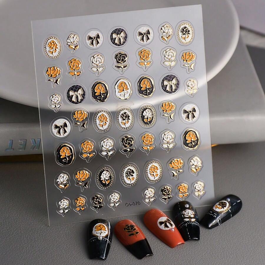 1 件 5d 高浮雕金色玫瑰和蝴蝶結圖案美甲裝飾貼紙適合女士 Diy - 彩色 - 查看 1