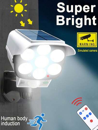 Lámpara de pared solar de 77 LED súper brillante con simulación de cámara, sensor de movimiento, 3 modos, impermeable, luces de monitoreo de iluminación de jardín y calle, sensor de movimiento humano, luz de patio, luces de jardín, foco