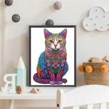 1pc Cat Patterned Diamond Painting Set, 5d Diy Special Shaped Crystal Mosaic Crafts With Partial Diamond & Marking Pen, No Frame - Multicolor - View 3