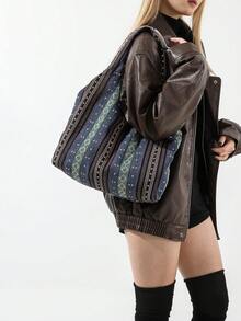 1pc Blue Geometric Pattern Fabric Open Top Shoulder Bag, Portable And Suitable For Women's Daily Use - Blue - View 6