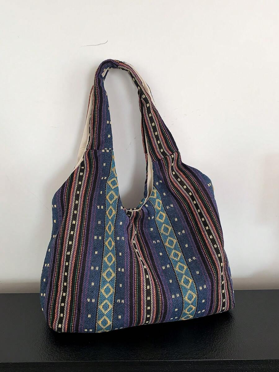 1pc Blue Geometric Pattern Fabric Open Top Shoulder Bag, Portable And Suitable For Women's Daily Use - Blue - View 1