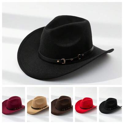 男女通用腰带装饰翻边牛仔帽，适合日常搭配西部牛仔风格休闲牛仔帽女牛仔帽万圣节