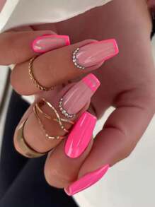 升級您的指甲藝術,使用24入組法式粉邊棺材形狀長3d鑽石閃亮指甲貼,適合新年和情人節的穿著+1入組果凍凝膠+ 1入組指甲銼 - 紅色 - 查看 1