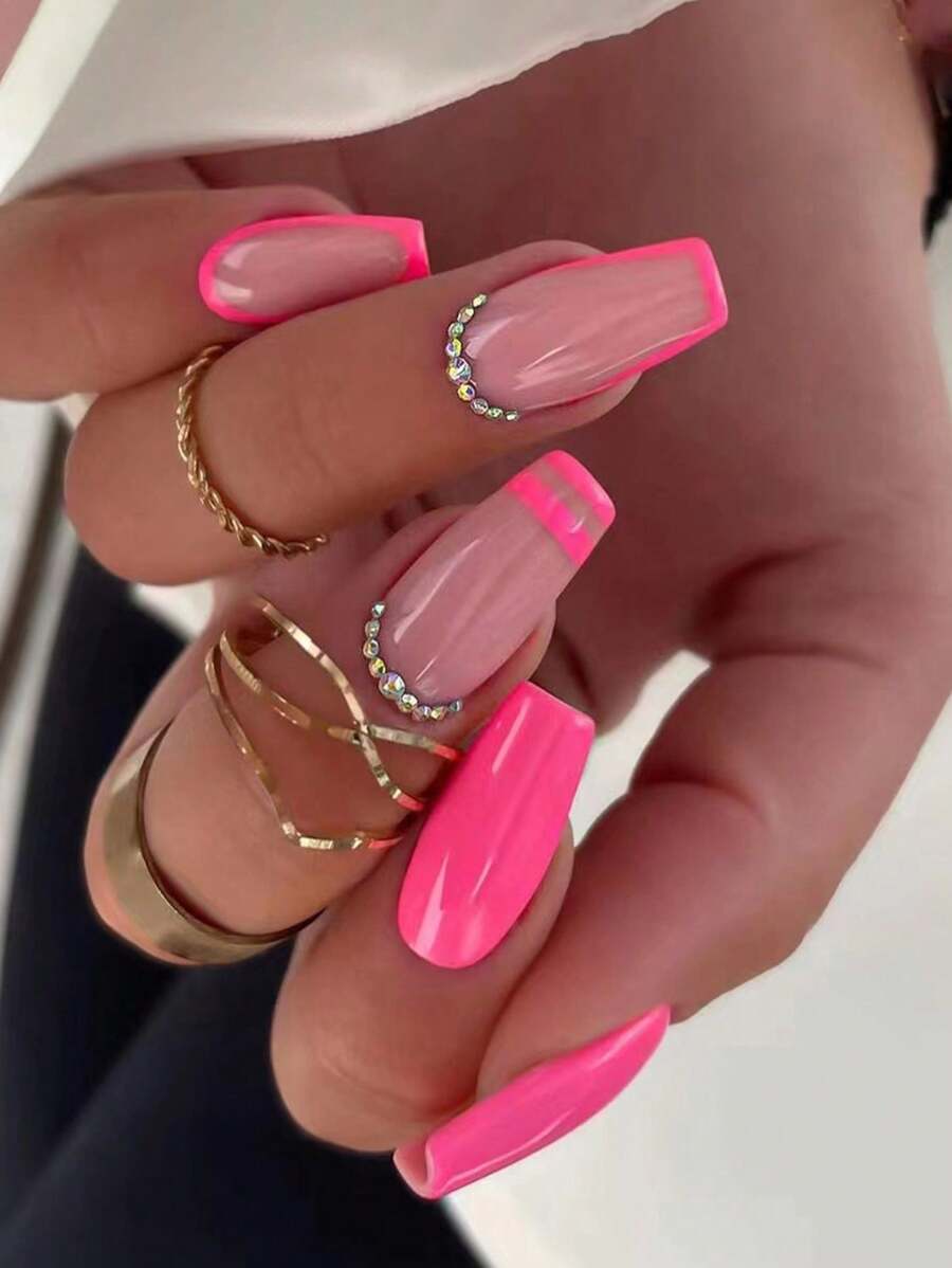 升級您的指甲藝術,使用24入組法式粉邊棺材形狀長3d鑽石閃亮指甲貼,適合新年和情人節的穿著+1入組果凍凝膠+ 1入組指甲銼 - 紅色 - 查看 1