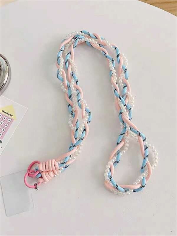 1pc Handmade Faux Pearl Chain Strap, Adjustable Diagonal Crossbody Phone Lanyard, Pink & Blue Gifts For Mother, Family, Friends, Birthday, Holiday Phone Charm, Phone Chain