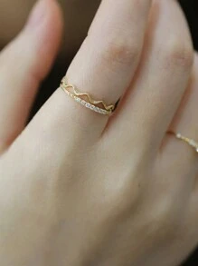 GAGAFEEL 1pc Sterling S925 Silver Retro Vintage Simple Geometric Asymmetrical Wavy Gold Finger Ring For Women Minimalist Daily Life Birthday Valentine's Day Jewelry Gift - Gold - View 4