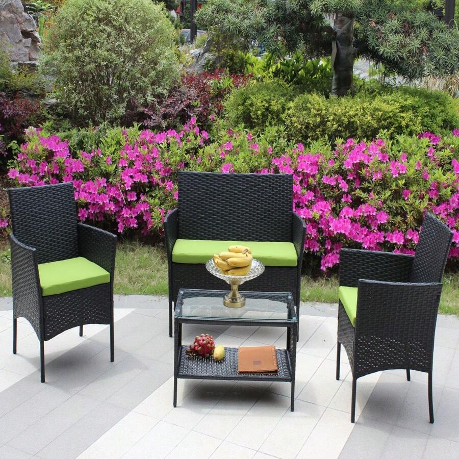 4-Piece Rattan Patio Furniture Set, Outdoor Patio Furniture Sets Wicker Rattan Chair With Resistant Cushions And Tempered Glass Tabletop For Lawn Backyard Pool Garden - Green - View 1