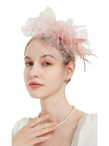 高雅的1入組女士肯塔基德比婚禮學院派時尚頭飾，結合網紗和羽毛裝點的花朵頭飾 - 藕粉色 - 查看 6