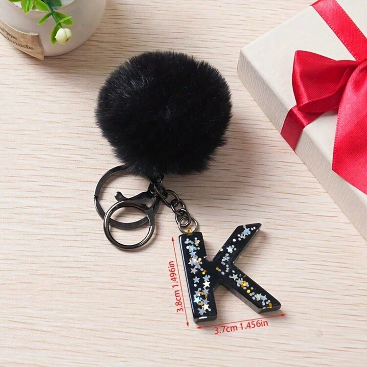 1 pieza Llavero con inicial de alfabeto, llavero de pompón de peluche lindo, llavero de resina con lentejuelas brillantes, colgante para bolsa, mochila, coche, accesorios para billetera y bolso, llavero con borlas, llavero de peluche con inicial de alfabeto A-Y - Negro - Añade 19