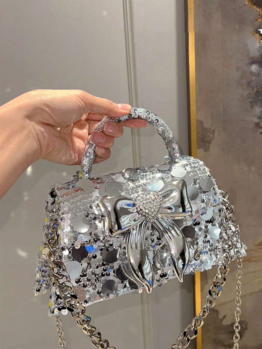 Evening Bag For Women Shiny Weaving Bead Sheet Handbag Sequin Metal Bow Saddle Bag Crossbody Bag - Silver - View 1