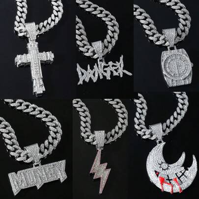 1pc Full Rhinestone Chain Necklace With Exaggerated Pendant, Men's Personalized Daily Wear Pendant Necklace