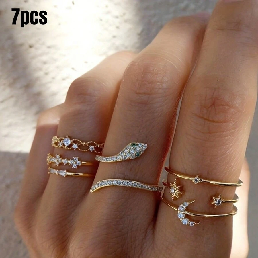7入組青少年鋅合金創意蛇形設計戒指,嵌有石頭,時尚的生日禮物選擇 - 金黃色 - 查看 1